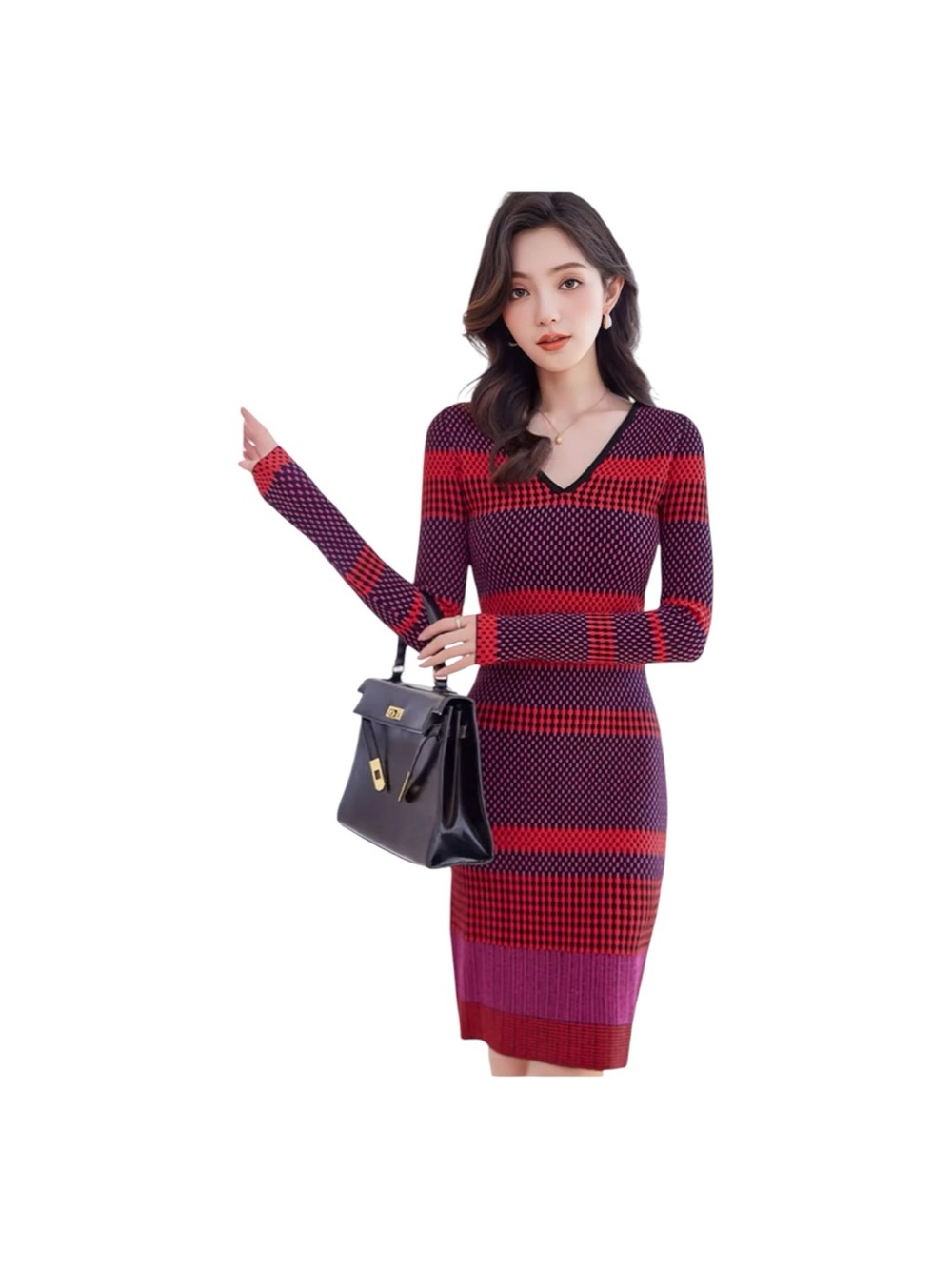 Diane Von Furstenberg DVF Stripped V-Neck Long Sleeve Dress in Red, Navy XL